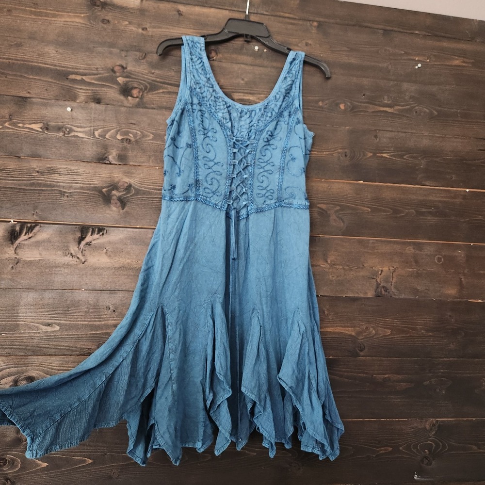 Just Cruising Cottagecore Blue Lace Up Front Dress Embroidered Whimsigoths Smock - Picture 5 of 10